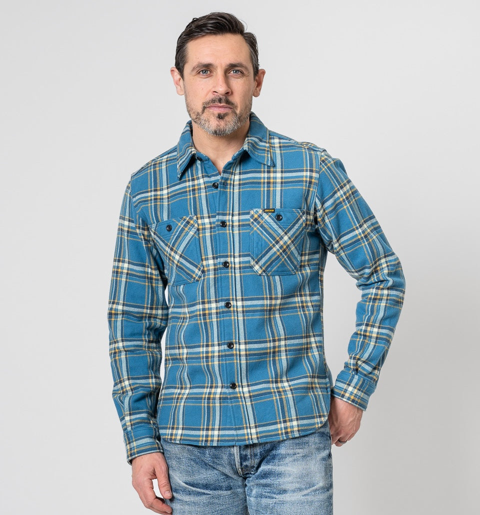 IHSH-435-BLU - Ultra Heavy Flannel American Check Work Shirt - Blue