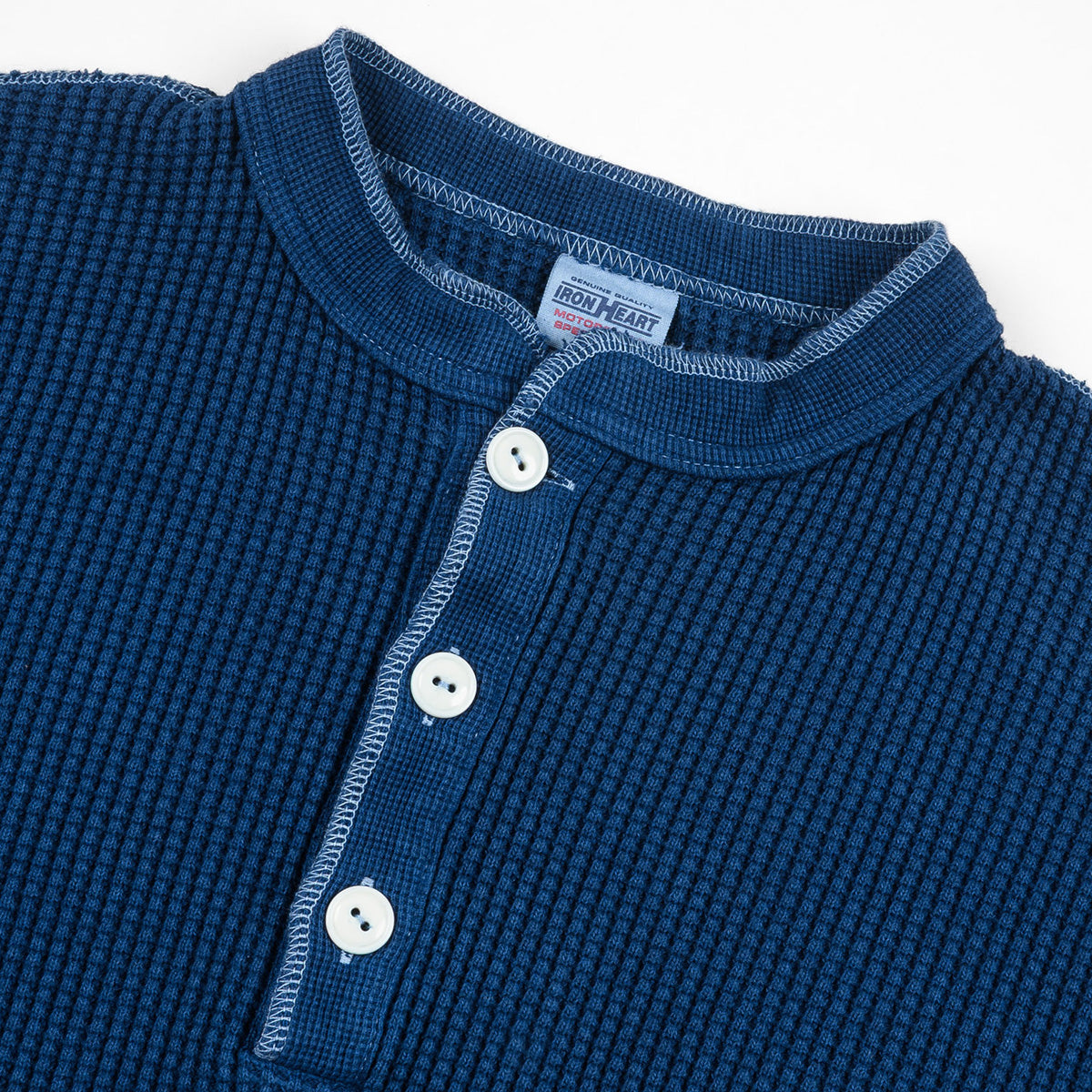 IHTL-1213-IND - Waffle Knit Long Sleeved Thermal Henley - Indigo Dyed