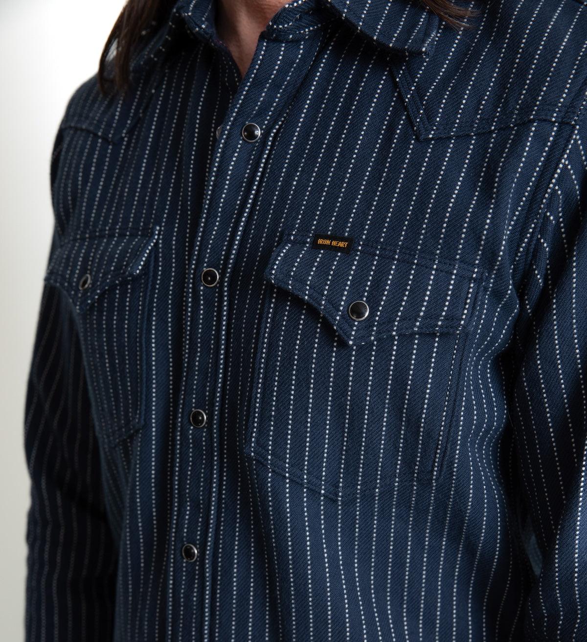 Ultra Heavy Flannel Chalk Stripe Western Shirt - Navy