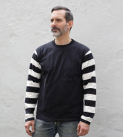 7.5oz Cotton Long-Sleeved Crew Neck - Black with striped arms