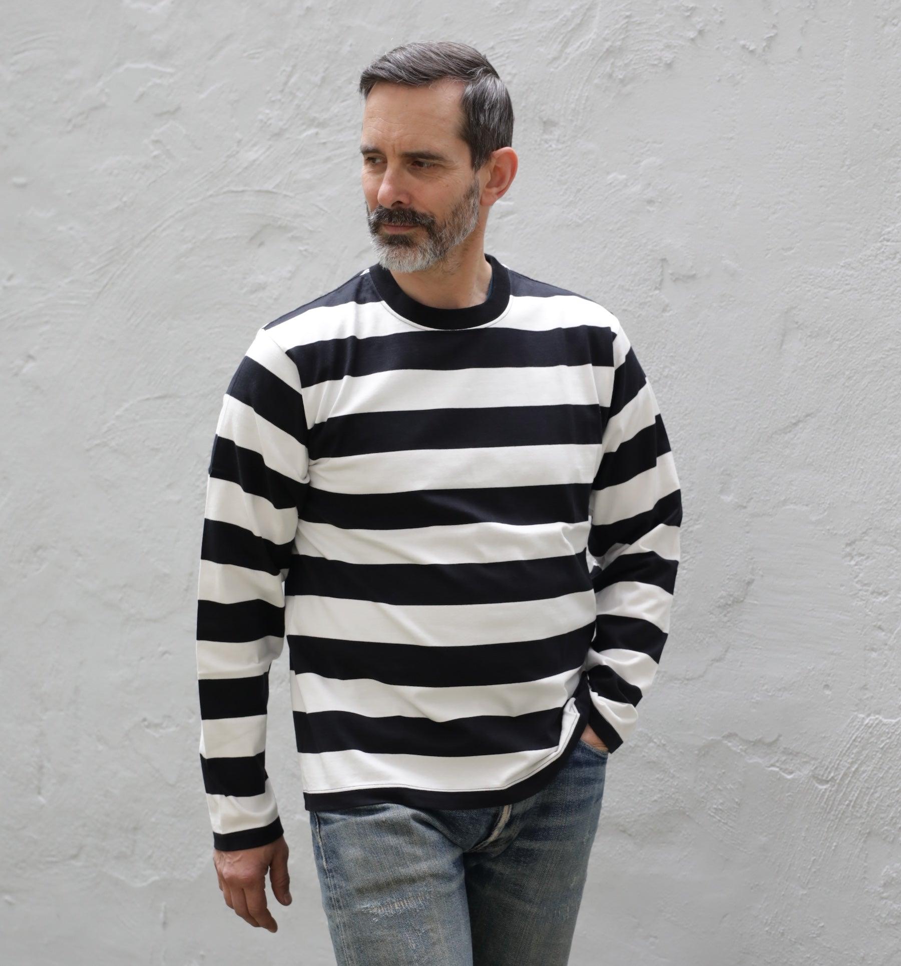 7.5oz Cotton Long-Sleeved Crew Neck - Black and White Stripes