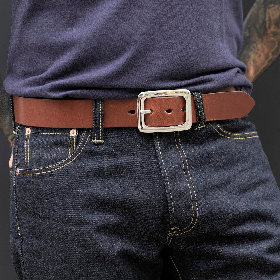 Image showing the IHB-08-BRN - Heavy Duty "Tochigi" Leather Belt with Nickel Plated Garrison Buckle - Brown which is a Belts described by the following info Accessories, Belts, Iron Heart, Released and sold on the IRON HEART GERMANY online store