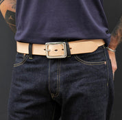 Image showing the IHB-08-NAT - Heavy Duty "Tochigi" Leather Belt With Nickel Plated Garrison Buckle - Natural which is a Belts described by the following info Accessories, Belts, Iron Heart, Released and sold on the IRON HEART GERMANY online store