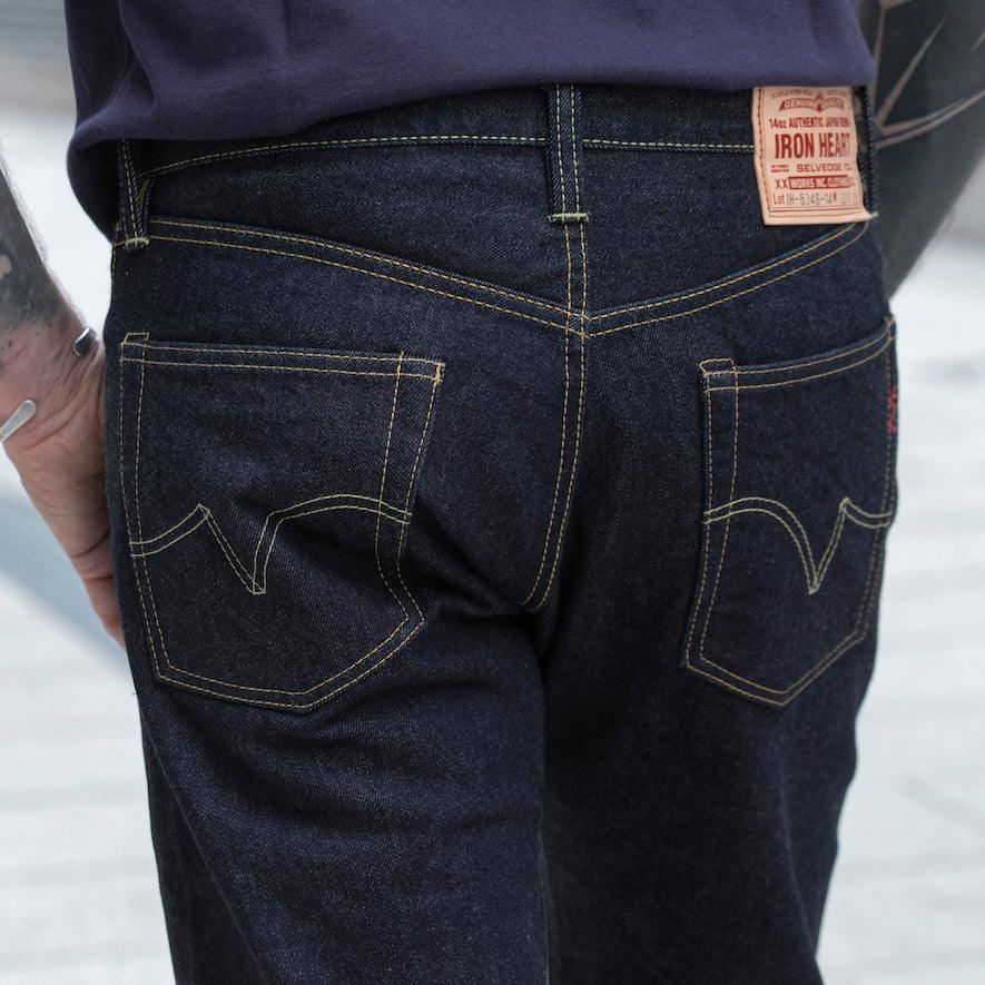 Image showing the IH-634S-142 - 14oz Selvedge Denim Straight Cut Jeans Indigo which is a Jeans described by the following info 634, Bottoms, Iron Heart, Jeans, Released, Straight and sold on the IRON HEART GERMANY online store