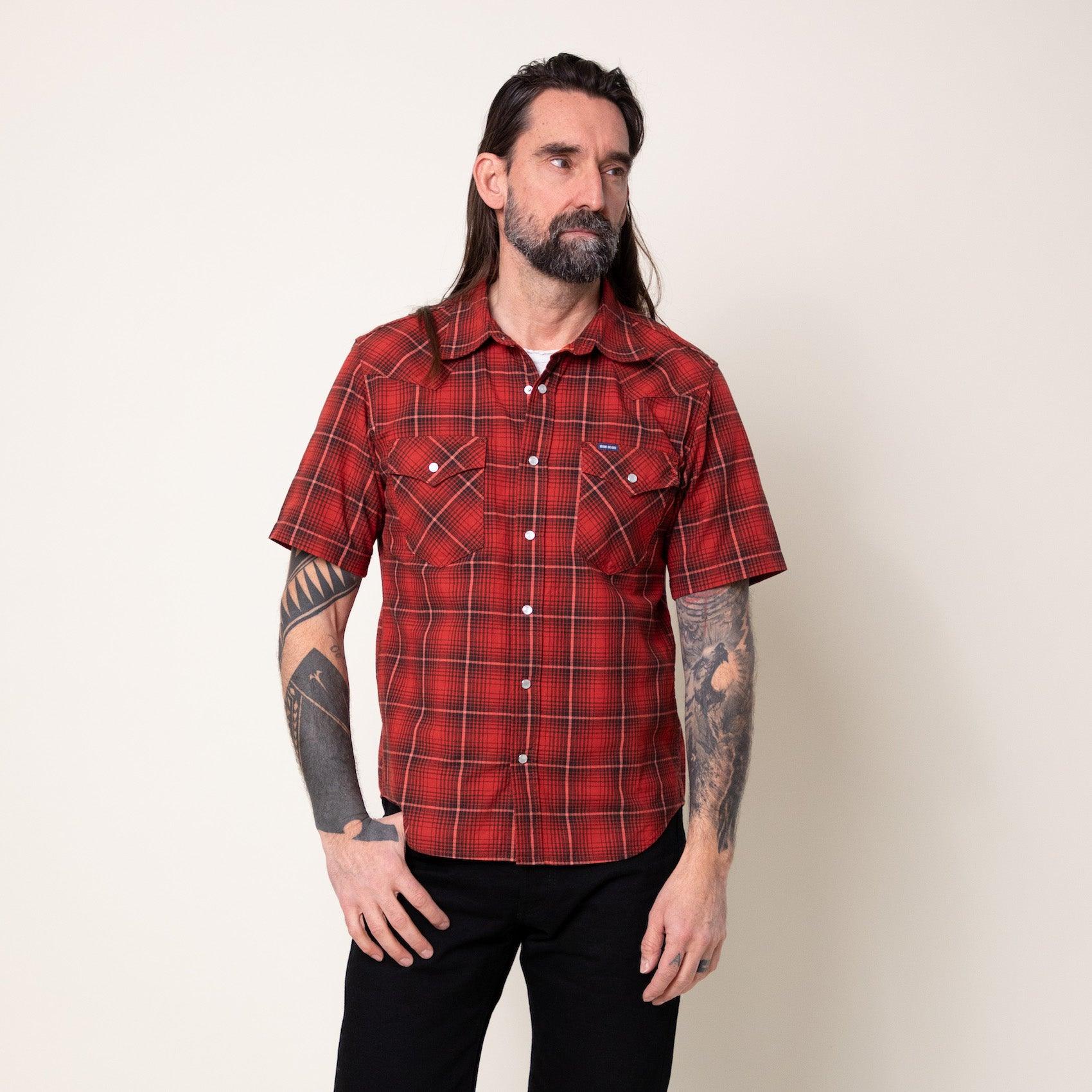 Image showing the IHSH-386-RED - 5oz Selvedge Short Sleeved Western Shirt - Red Vintage Check which is a Shirts described by the following info SS24 and sold on the IRON HEART GERMANY online store