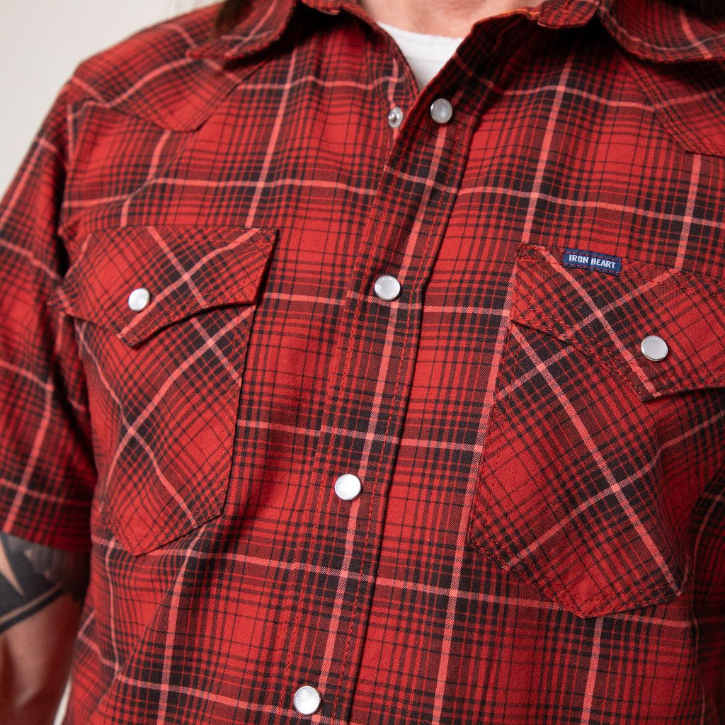 Image showing the IHSH-386-RED - 5oz Selvedge Short Sleeved Western Shirt - Red Vintage Check which is a Shirts described by the following info SS24 and sold on the IRON HEART GERMANY online store