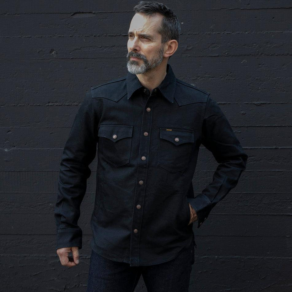 Image showing the IHSH-362-SBG - 16oz Non-Selvedge Denim CPO Shirt - Superblack (Fades to Grey) which is a Shirts described by the following info Iron Heart, Released, Shirts, Tops and sold on the IRON HEART GERMANY online store