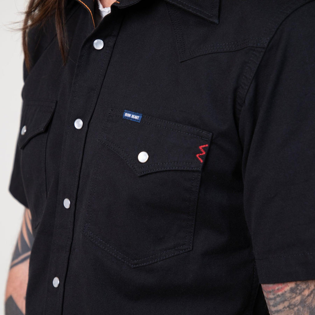 Image showing the IHSH-387-BLK - 7oz Fatigue Cloth Short Sleeved Western Shirt - Black which is a Shirts described by the following info SS24 and sold on the IRON HEART GERMANY online store
