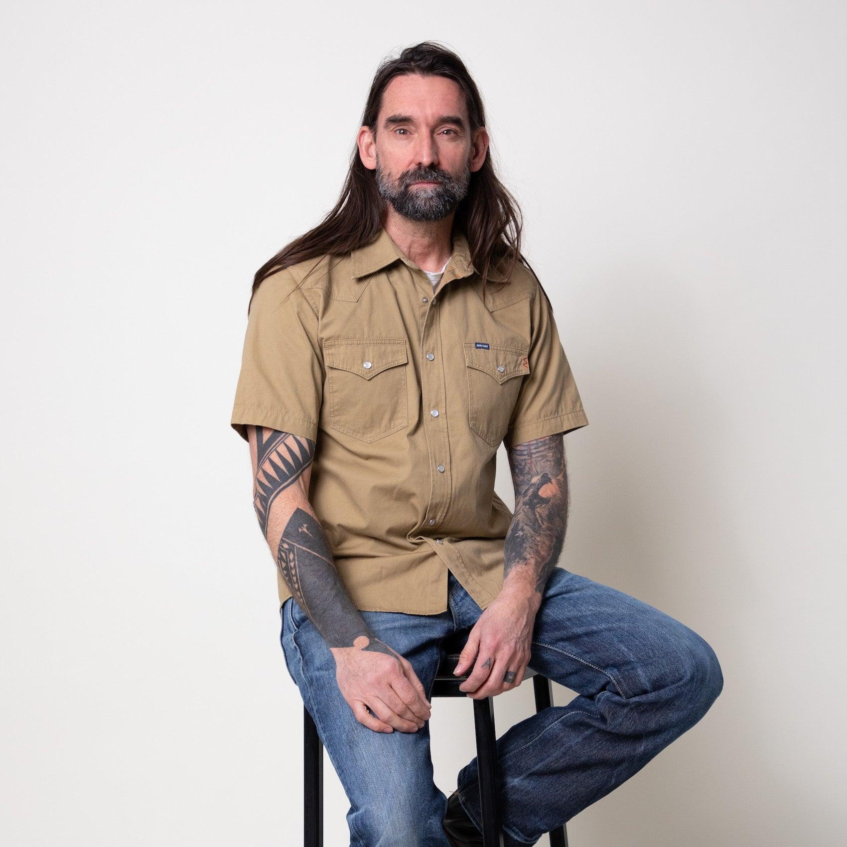 Image showing the IHSH-387-KHA - 7oz Fatigue Cloth Short Sleeved Western Shirt - Khaki which is a Shirts described by the following info SS24 and sold on the IRON HEART GERMANY online store