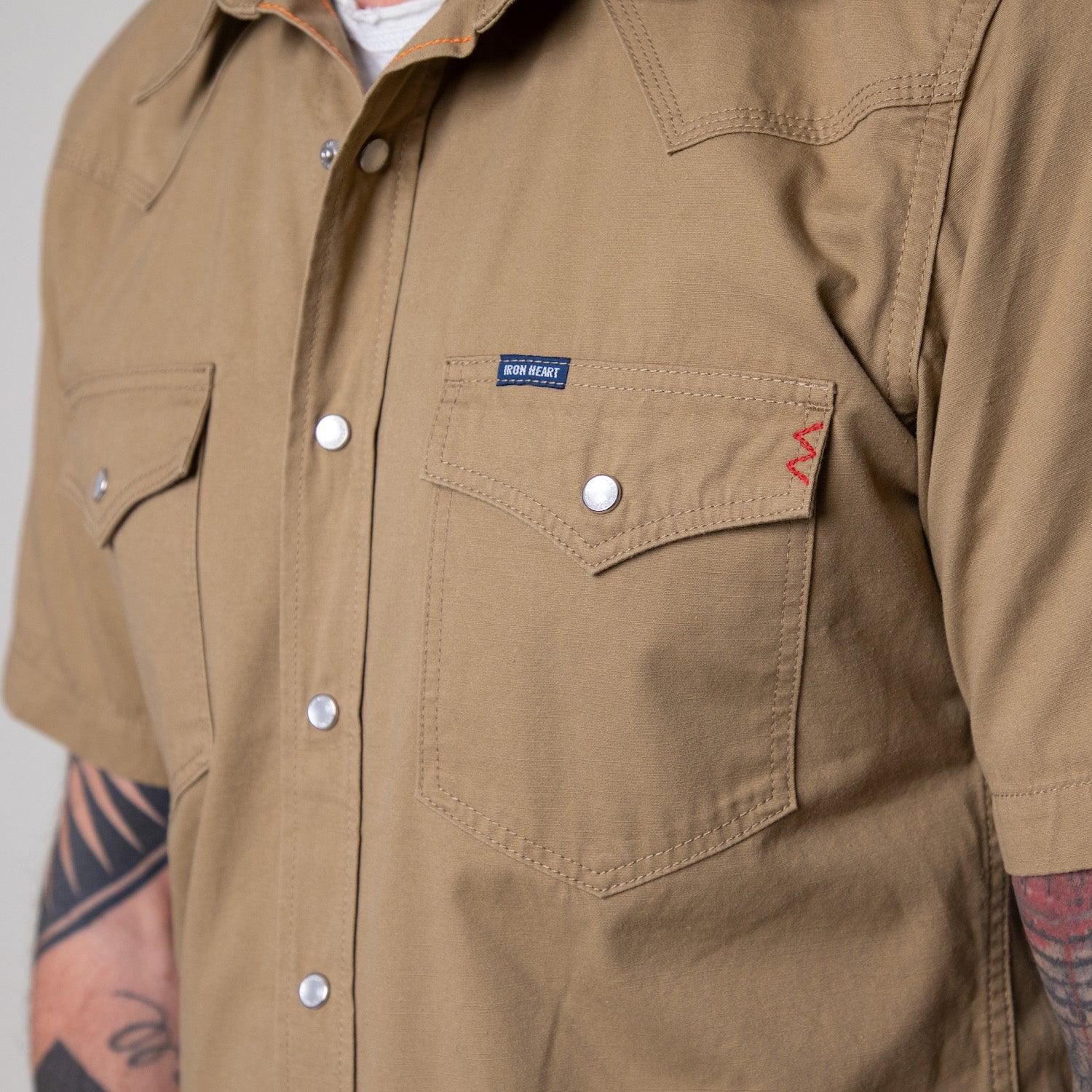 Image showing the IHSH-387-KHA - 7oz Fatigue Cloth Short Sleeved Western Shirt - Khaki which is a Shirts described by the following info SS24 and sold on the IRON HEART GERMANY online store