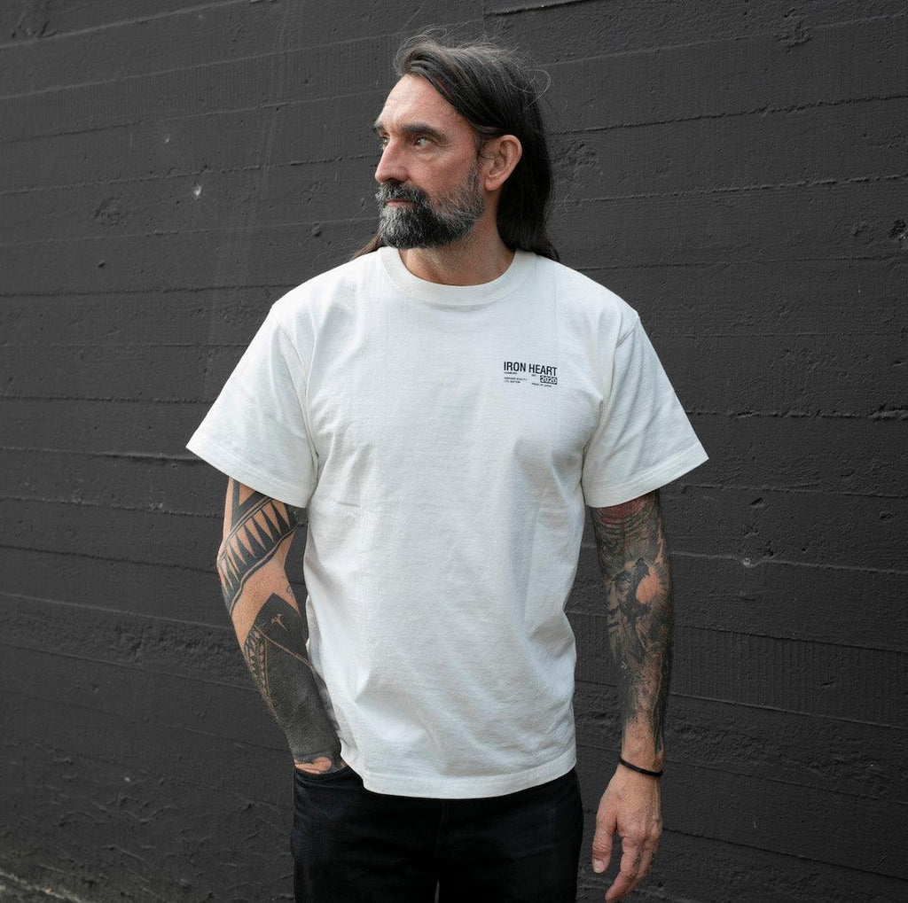 Image showing the IHT-IHG#5-WHT- Iron Heart Germany 7.5oz Loopwheel Crew Neck T-Shirt - White which is a T-Shirts described by the following info Iron Heart, Released, T-Shirts, Tops and sold on the IRON HEART GERMANY online store