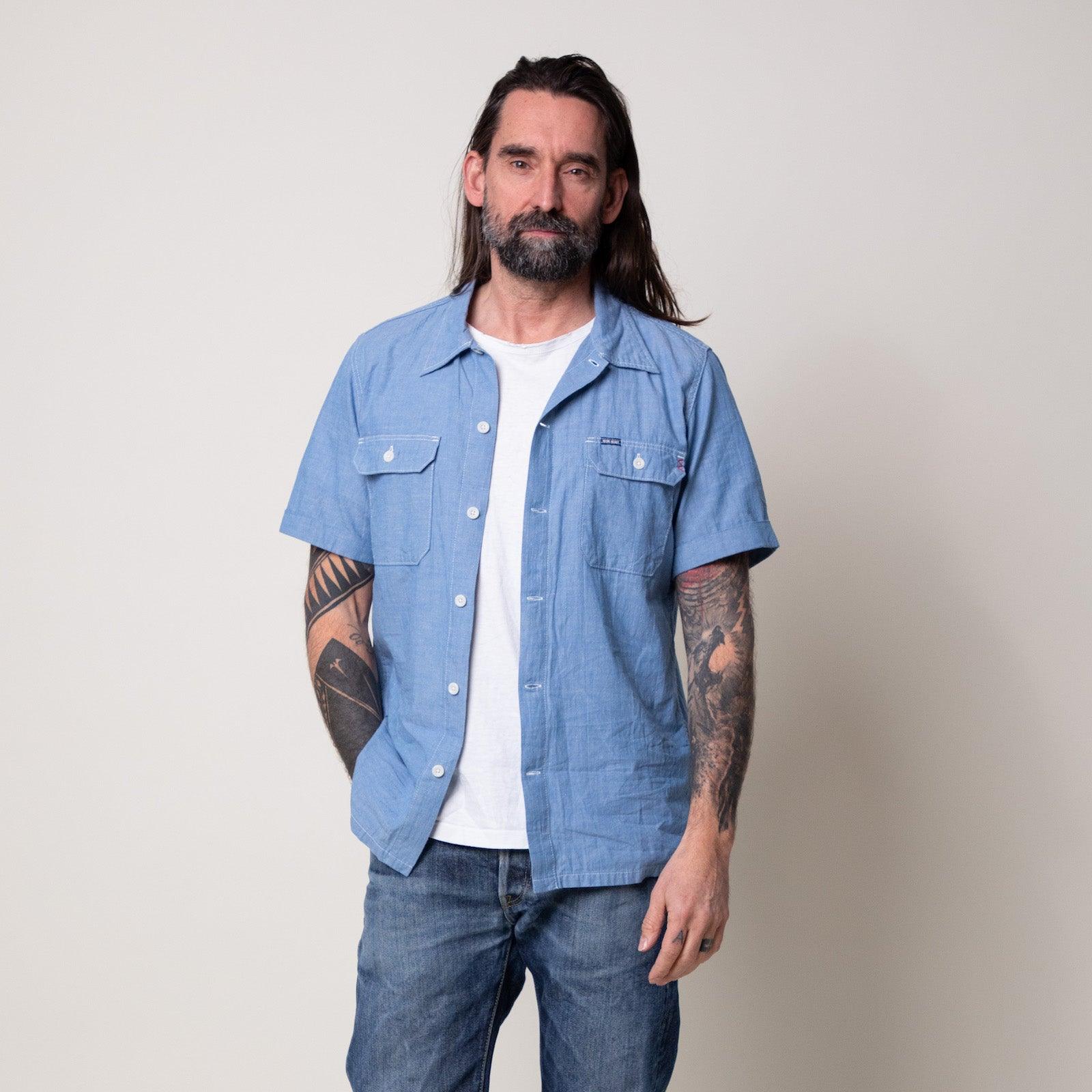 Image showing the IHSH-388-BLU - 4oz Short Sleeved Summer Shirt - Blue which is a Shirts described by the following info SS24 and sold on the IRON HEART GERMANY online store