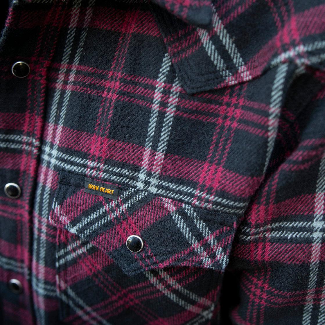 Image showing the IHSH-IHG-BLK - 12oz Slubby Heavy Flannel Check Western Shirt - Black (Collaboration) which is a Shirts described by the following info Iron Heart, Released, Shirts, Tops and sold on the IRON HEART GERMANY online store