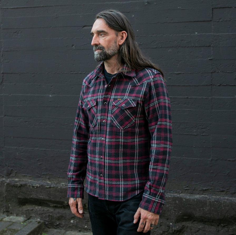 Image showing the IHSH-IHG-BLK - 12oz Slubby Heavy Flannel Check Western Shirt - Black (Collaboration) which is a Shirts described by the following info Iron Heart, Released, Shirts, Tops and sold on the IRON HEART GERMANY online store