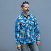 Image showing the IHSH-376-BLU - Ultra Heavy Flannel TartanCheck Work Shirt - Blue which is a Shirts described by the following info Iron Heart, Released, Shirts, Tops and sold on the IRON HEART GERMANY online store