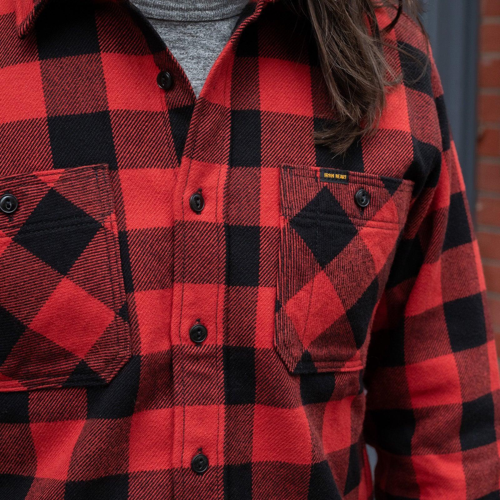 Image showing the IHSH-244-RED - Ultra Heavy Flannel Buffalo Check Work Shirt - Red/Black which is a Shirts described by the following info Back In, IHSALE_M23, Iron Heart, Released, Shirts, Tops and sold on the IRON HEART GERMANY online store