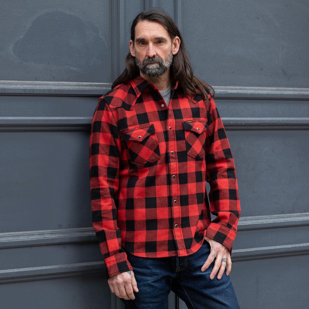 Image showing the IHSH-232-RED - Flannel Buffalo Check Western Shirt Red/Black which is a Shirts described by the following info Back In, IHSALE_M23, Iron Heart, Released, Shirts, Tops and sold on the IRON HEART GERMANY online store