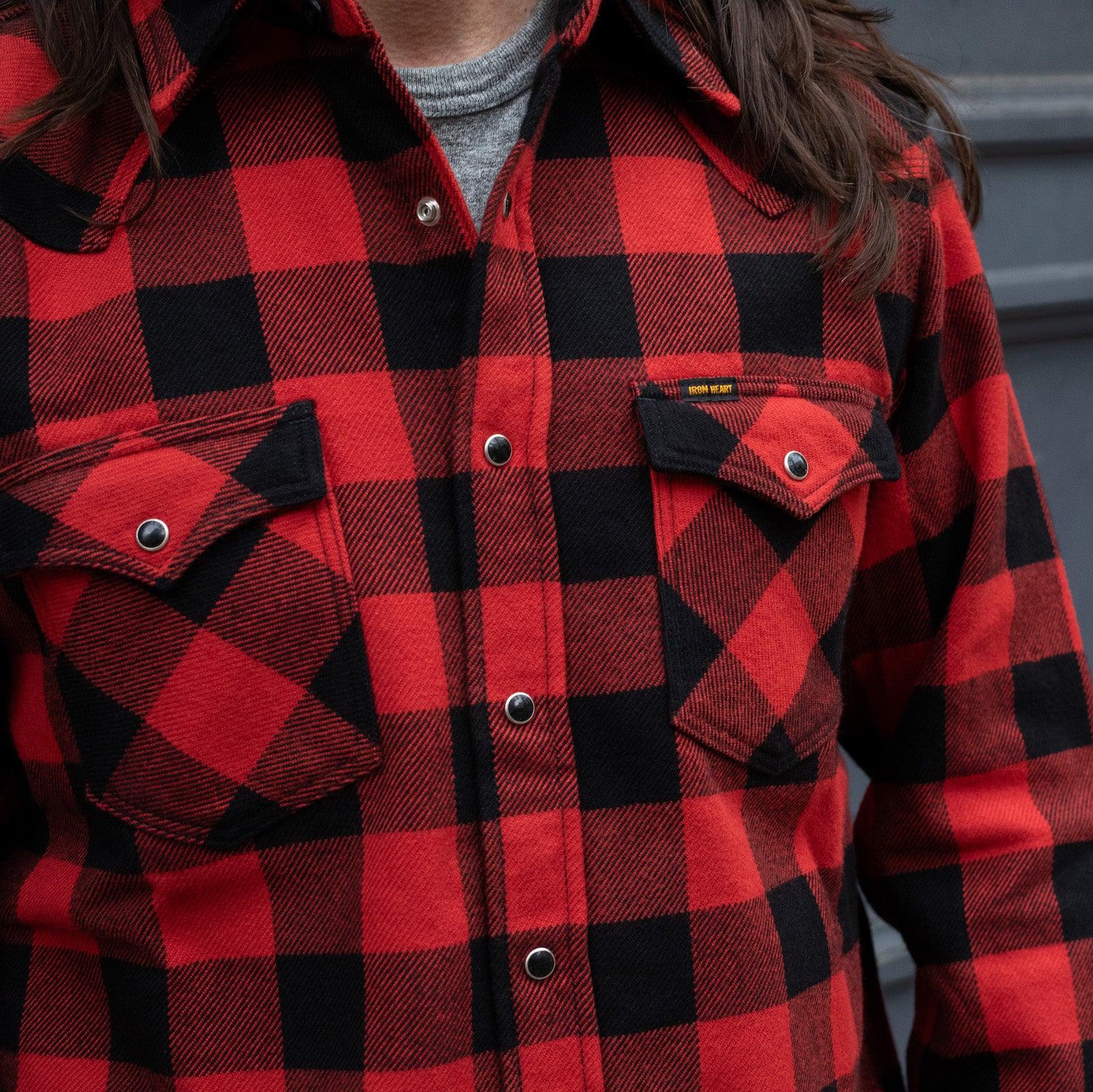 Image showing the IHSH-232-RED - Flannel Buffalo Check Western Shirt Red/Black which is a Shirts described by the following info Back In, IHSALE_M23, Iron Heart, Released, Shirts, Tops and sold on the IRON HEART GERMANY online store