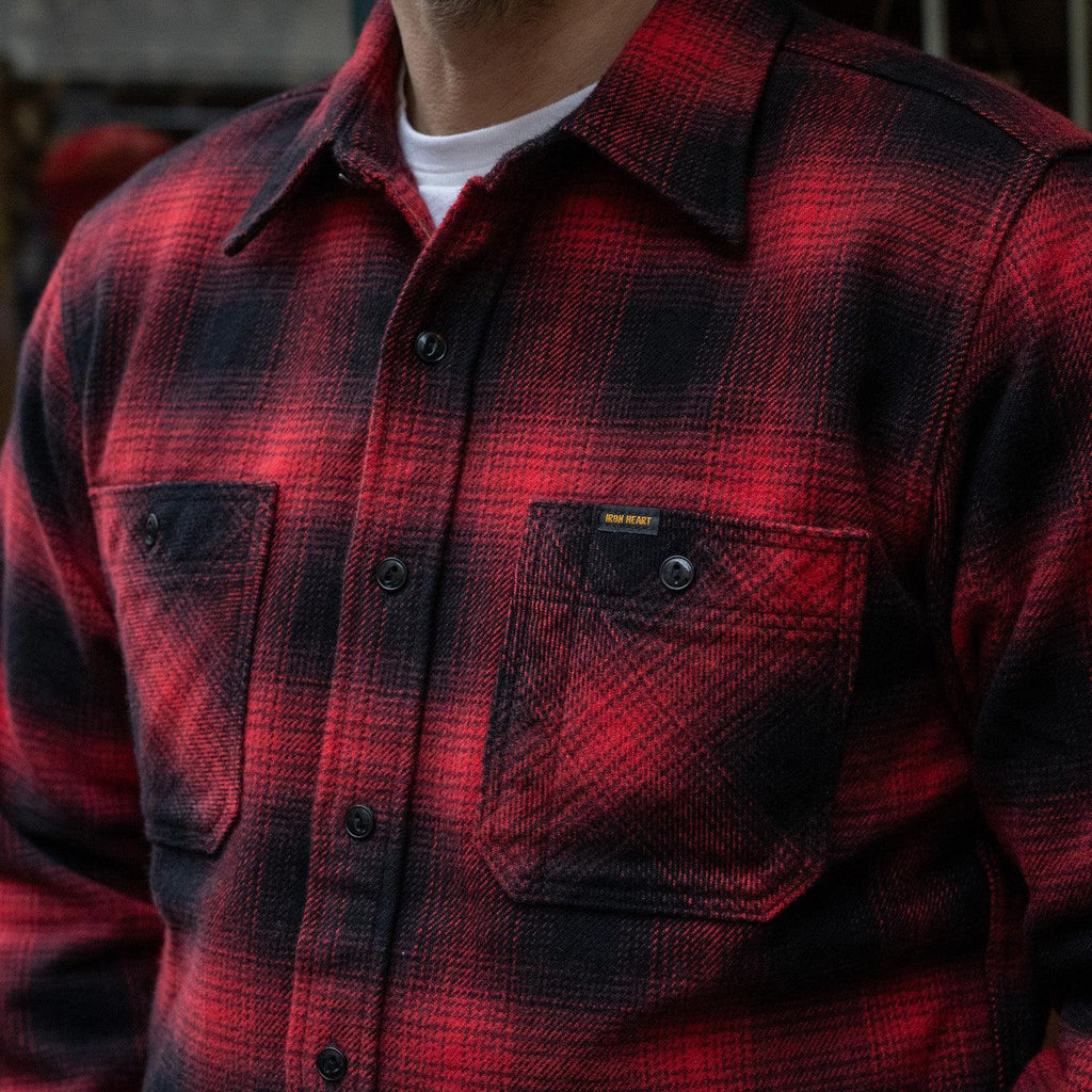 Image showing the IHSH-265-RED - Ultra Heavy Flannel Ombré Check Work Shirt - Red/Black which is a Shirts described by the following info Iron Heart, New, Released, Shirts, Tops and sold on the IRON HEART GERMANY online store