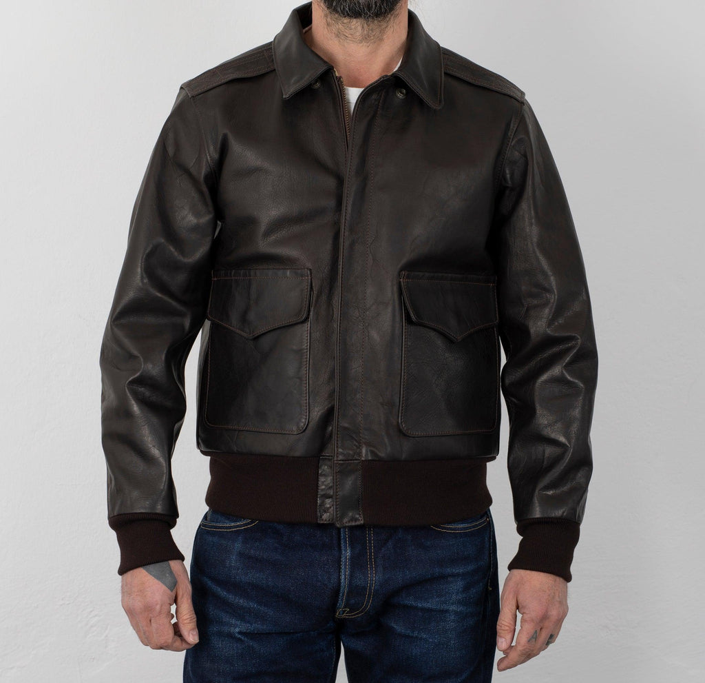 Image showing the SB-A2-HO-BRN - Simmons Bilt A-2 Blattwerk Horsehide Leather - Brown which is a LEATHER JACKETS described by the following info Back In, Jackets, LEATHER JACKETS, Released, SIMMONS BILT, Tops and sold on the IRON HEART GERMANY online store