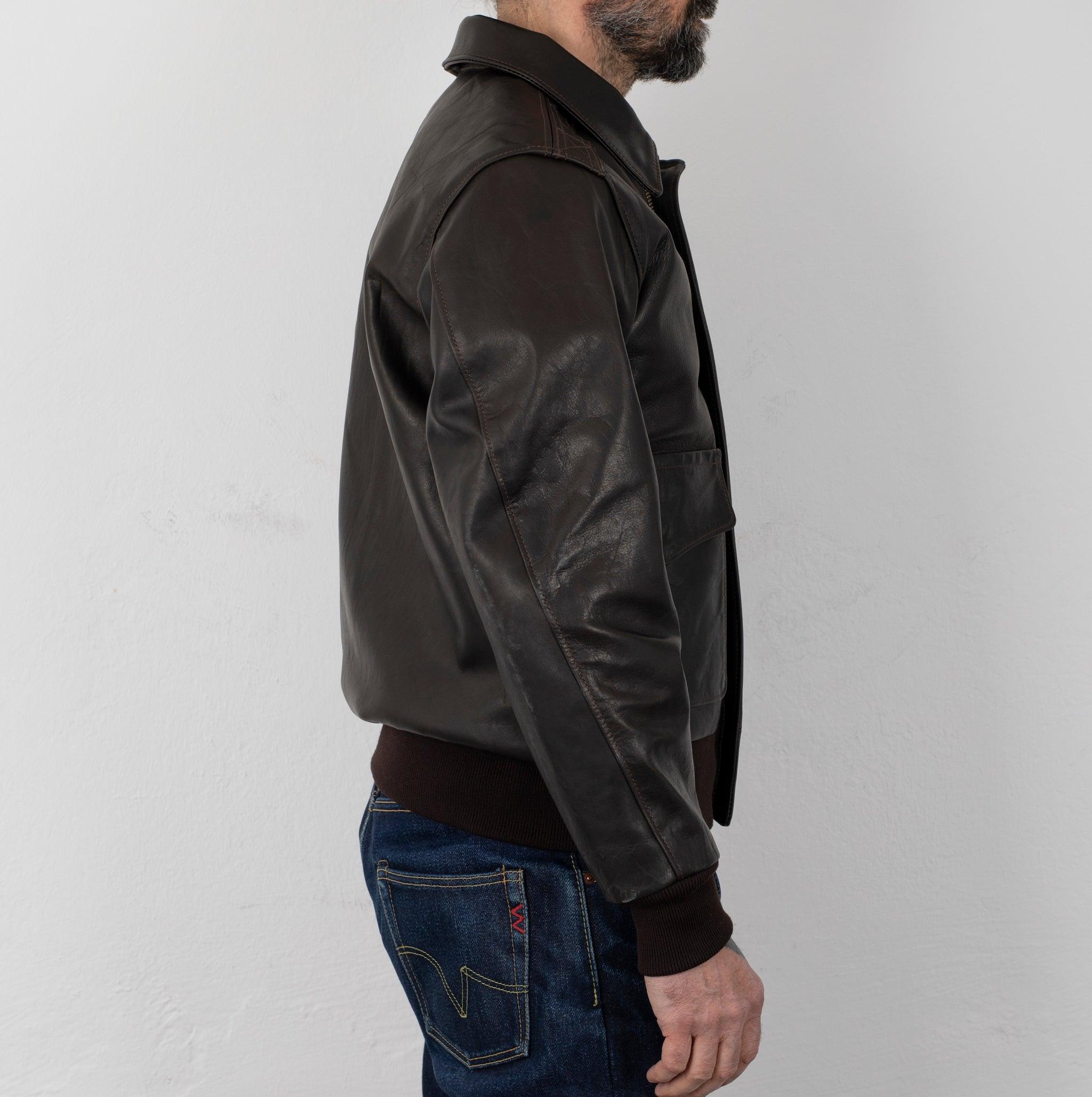 Image showing the SB-A2-HO-BRN - Simmons Bilt A-2 Blattwerk Horsehide Leather - Brown which is a LEATHER JACKETS described by the following info Back In, Jackets, LEATHER JACKETS, Released, SIMMONS BILT, Tops and sold on the IRON HEART GERMANY online store