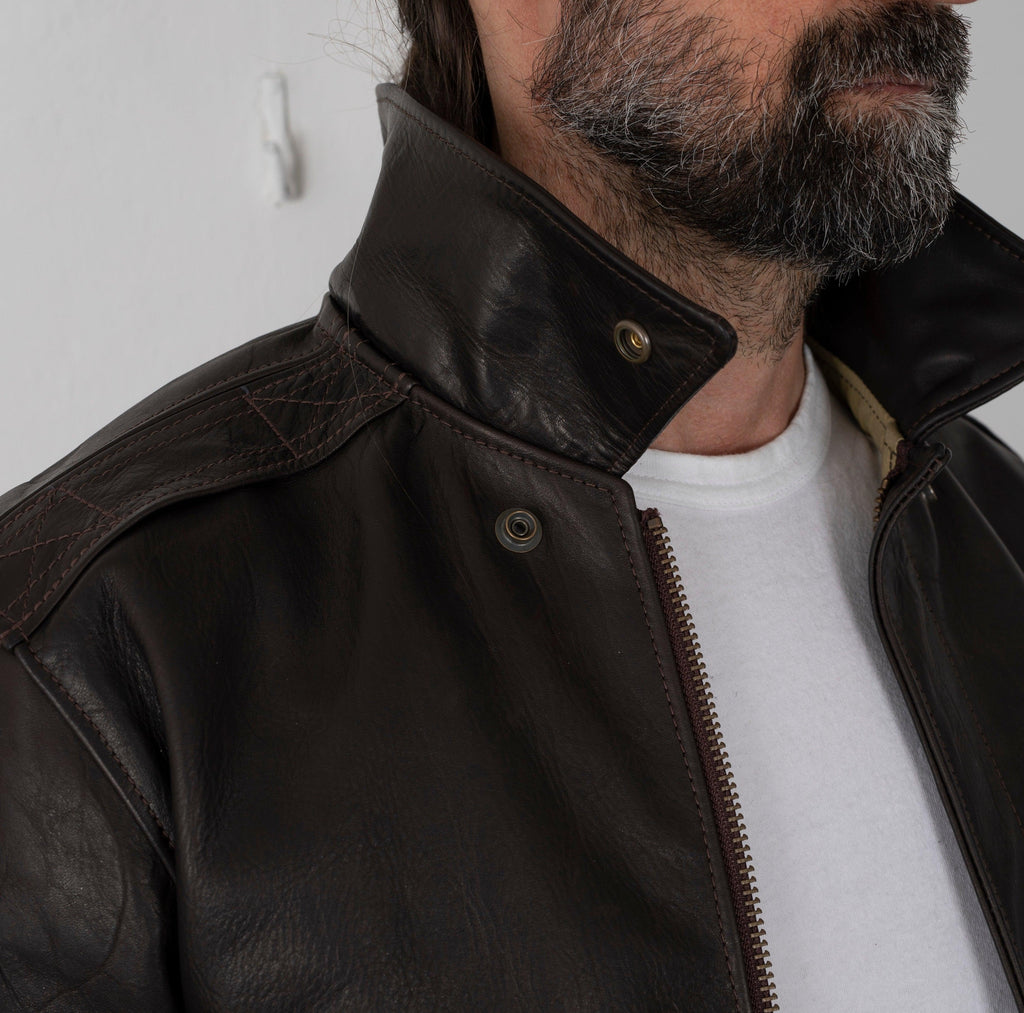 Image showing the SB-A2-HO-BRN - Simmons Bilt A-2 Blattwerk Horsehide Leather - Brown which is a LEATHER JACKETS described by the following info Back In, Jackets, LEATHER JACKETS, Released, SIMMONS BILT, Tops and sold on the IRON HEART GERMANY online store