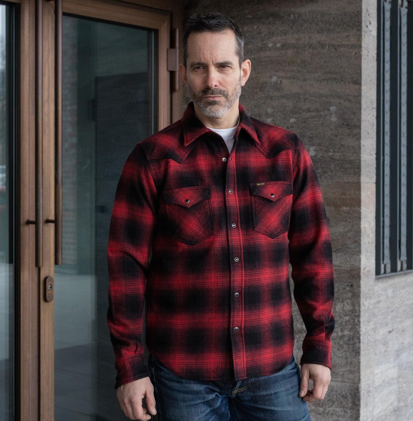 Image showing the IHSH-264-RED - Ultra Heavy Flannel Ombré Check Western Shirt - Red/Black which is a Shirts described by the following info Iron Heart, New, Released, Shirts, Tops and sold on the IRON HEART GERMANY online store