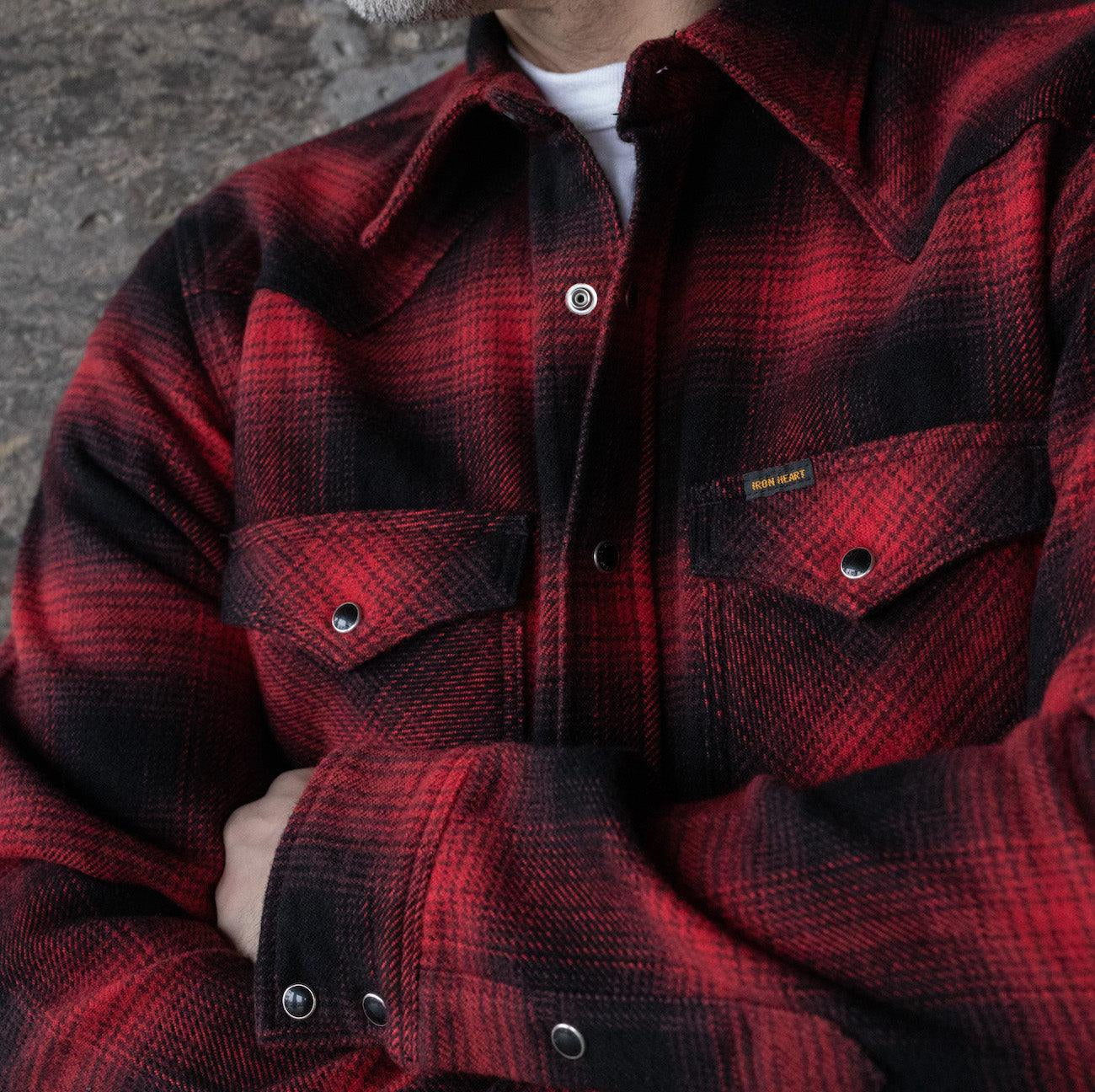 Image showing the IHSH-264-RED - Ultra Heavy Flannel Ombré Check Western Shirt - Red/Black which is a Shirts described by the following info Iron Heart, New, Released, Shirts, Tops and sold on the IRON HEART GERMANY online store