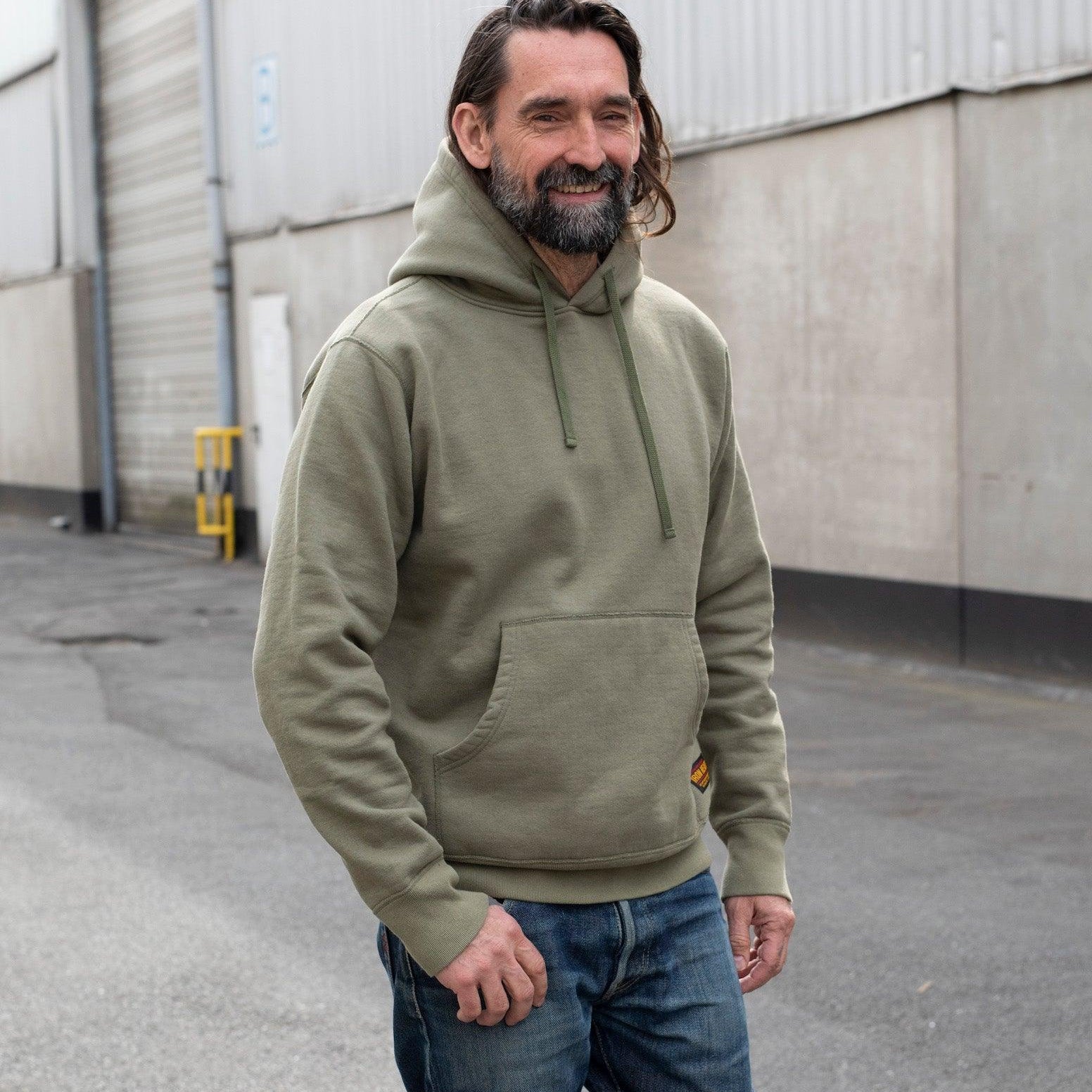 Image showing the IHSW-49-OLV - 14oz Ultra Heavyweight Loopwheel Cotton Hoodie Olive which is a Sweatshirts described by the following info Iron Heart, Released, Sweatshirts, Tops and sold on the IRON HEART GERMANY online store