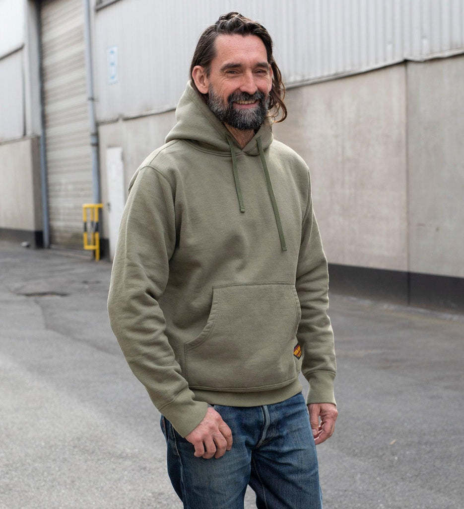 Image showing the IHSW-49-OLV - 14oz Ultra Heavyweight Loopwheel Cotton Hoodie Olive which is a Sweatshirts described by the following info Iron Heart, Released, Sweatshirts, Tops and sold on the IRON HEART GERMANY online store