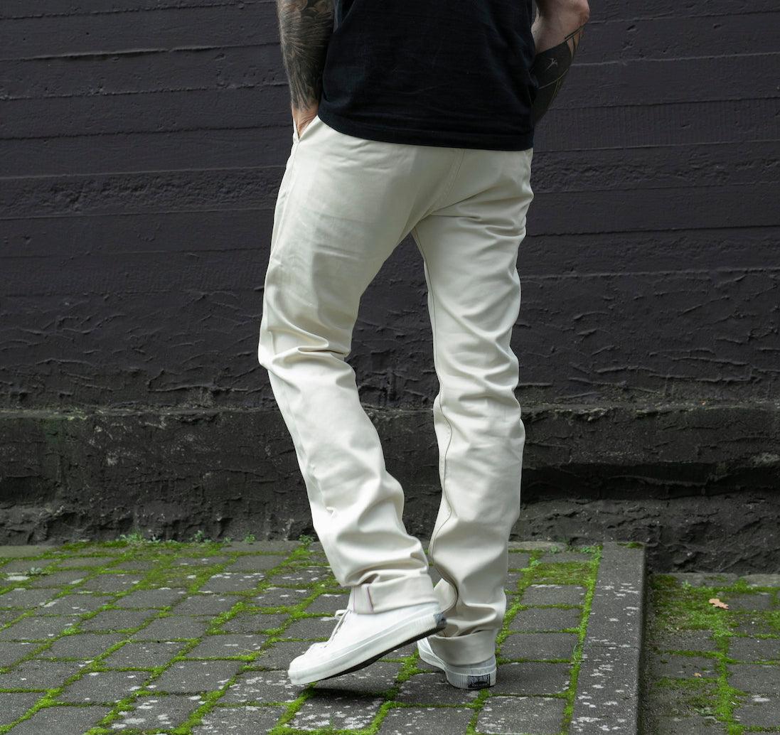 High Rise Tapered Chinos - Ivory which is a Trousers described by the following info Bottoms, Iron Heart, Released, Trousers and sold on the IRON HEART GERMANY online store