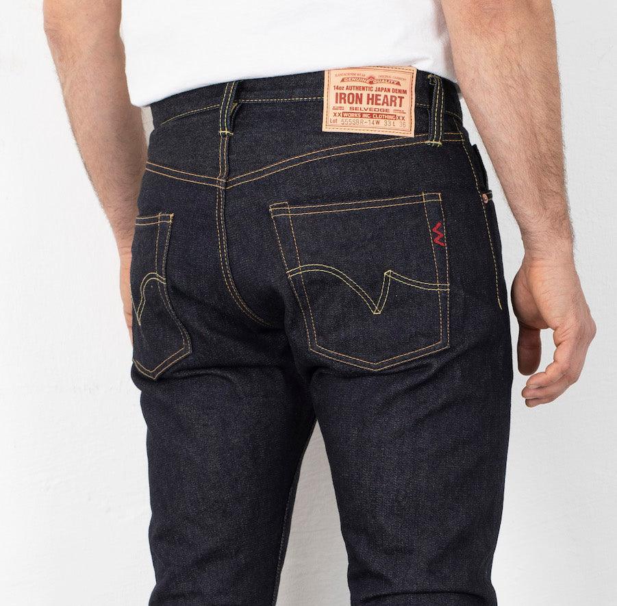 Image showing the IH-555SBR-14 - 14oz Broken Twill Selvedge Denim Super Slim Cut Jeans - Indigo which is a Jeans described by the following info 555, Bottoms, Iron Heart, Jeans, Released, Slim and sold on the IRON HEART GERMANY online store