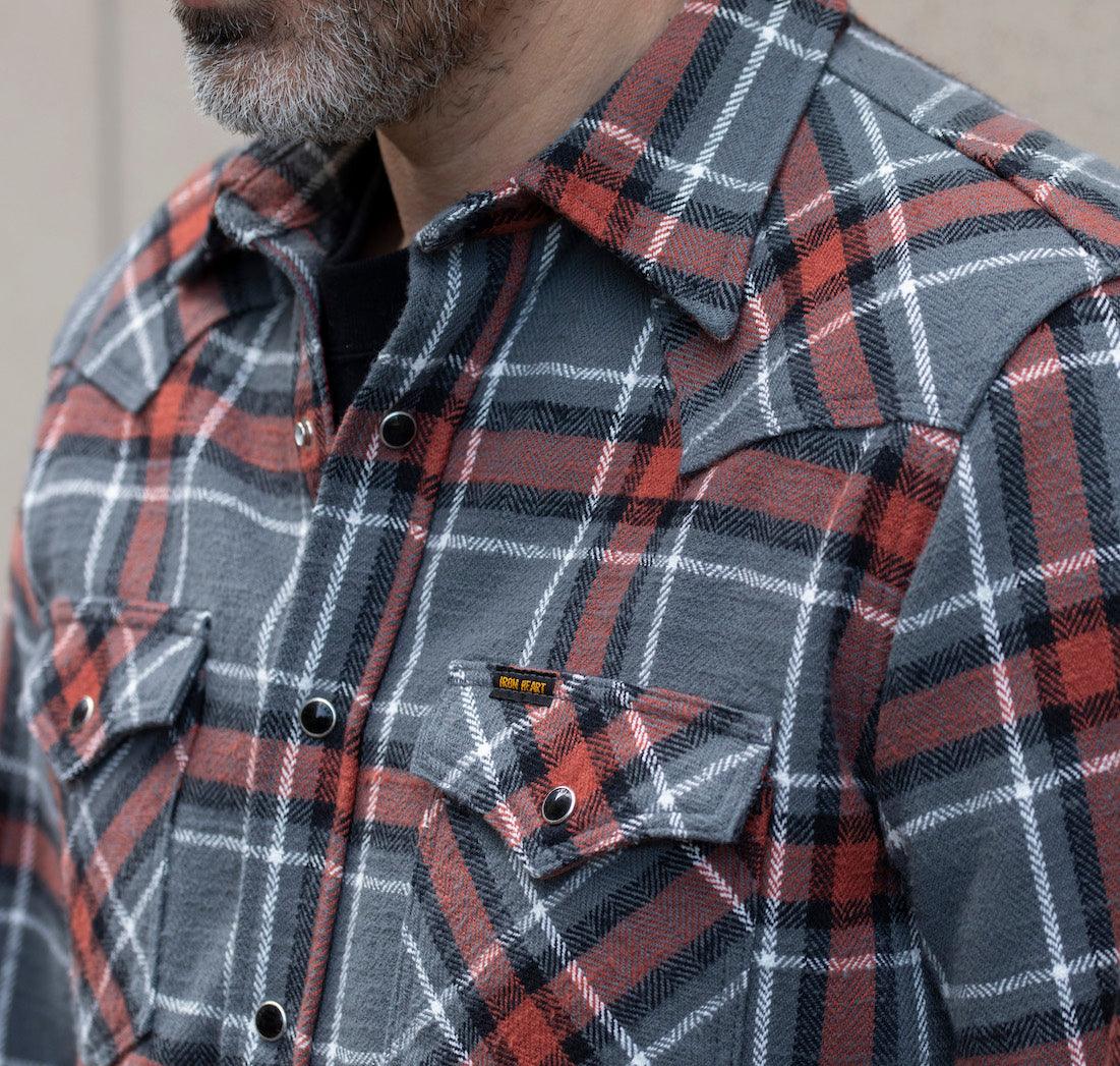 Image showing the IHSH-369-GRY - 12oz Slubby Heavy Flannel Herringbone Check Western Shirt - Grey which is a Shirts described by the following info Iron Heart, Released, Shirts, Tops and sold on the IRON HEART GERMANY online store