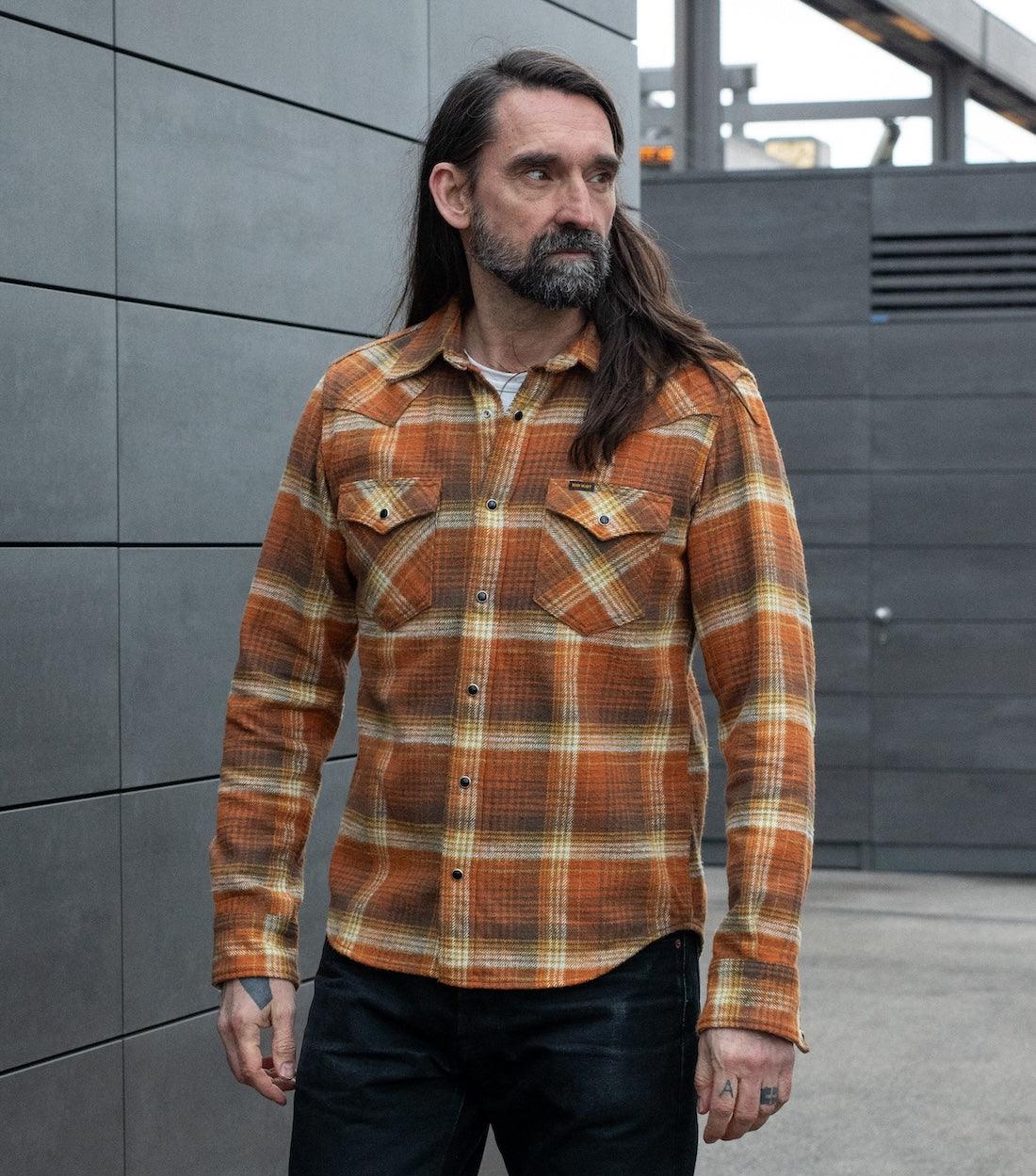 12oz Slubby Heavy Flannel Check Western Shirt - Orange