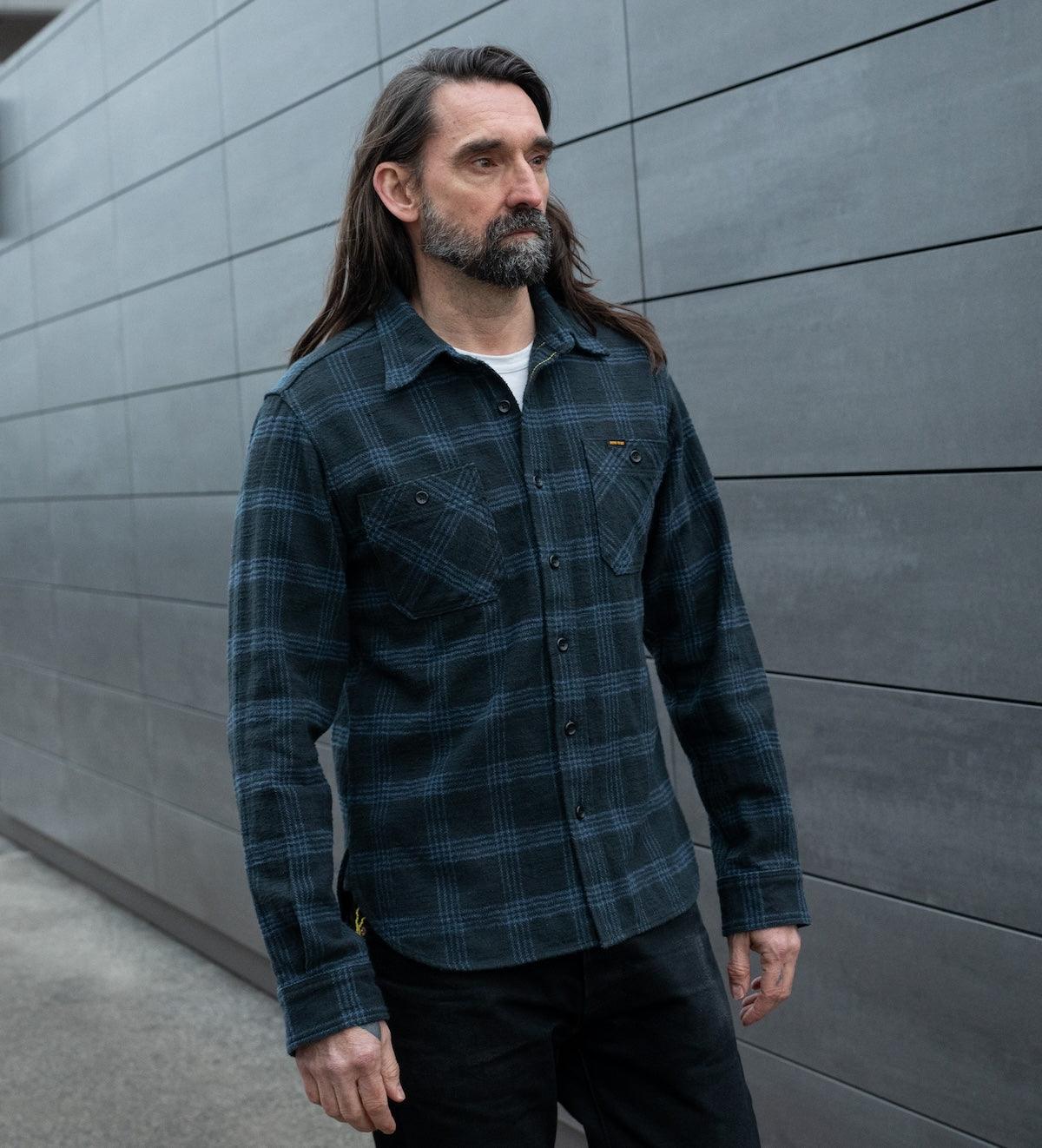 12oz Slubby Heavy Flannel Check Work Shirt - Black