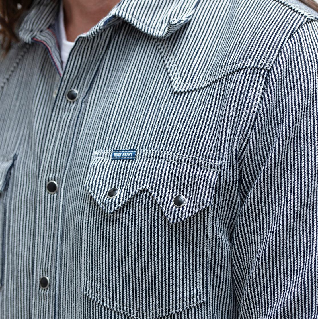 Image showing the IHSH-365-IND -8oz Herringbone Hickory Stripe Sawtooth Western Shirt - Indigo which is a Shirts described by the following info Iron Heart, Released, Shirts, Tops and sold on the IRON HEART GERMANY online store