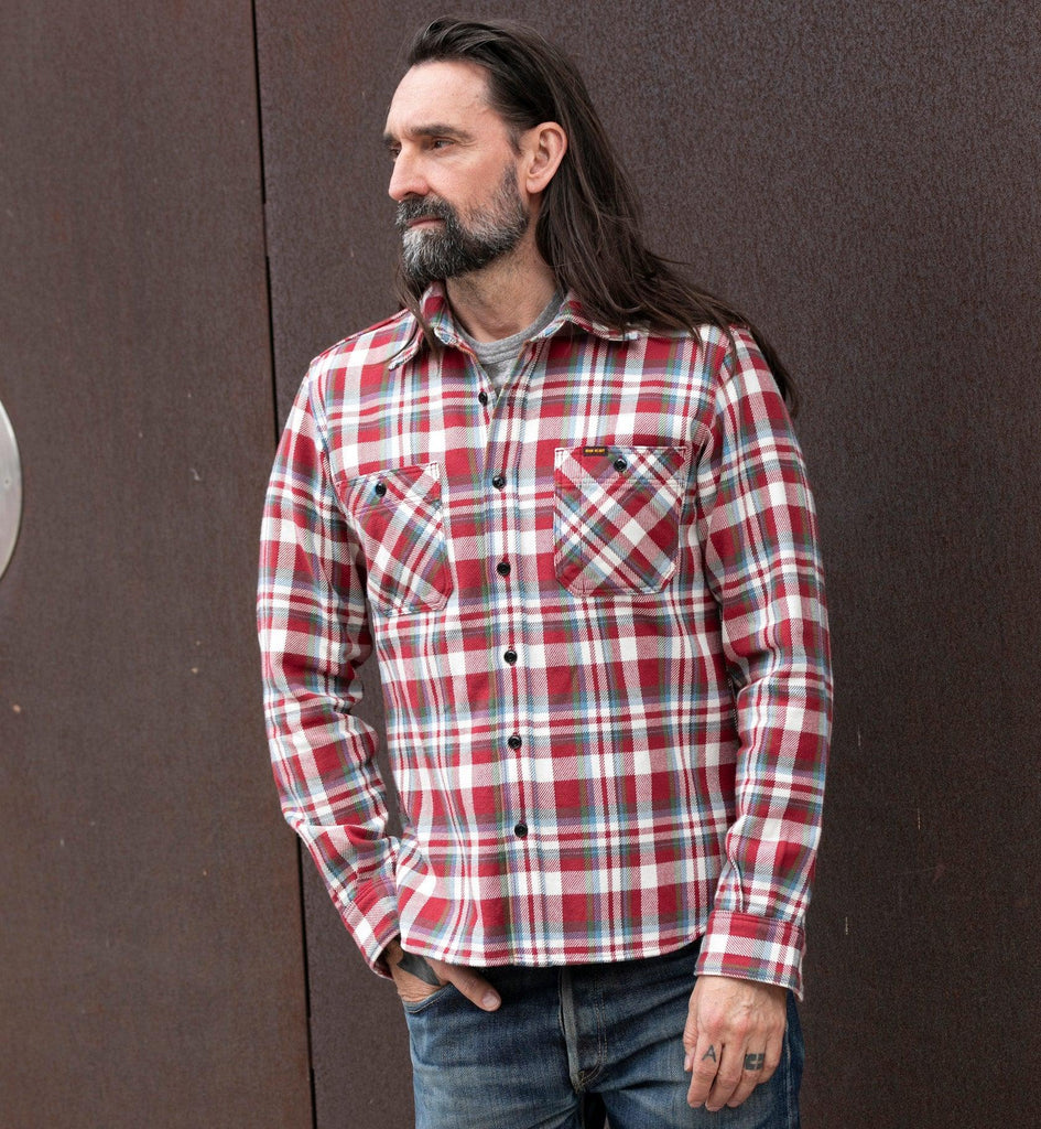 Image showing the IHSH-371-RED - Ultra Heavy Flannel Crazy Check Work Shirt - Red which is a Shirts described by the following info Iron Heart, Released, Shirts, Tops and sold on the IRON HEART GERMANY online store