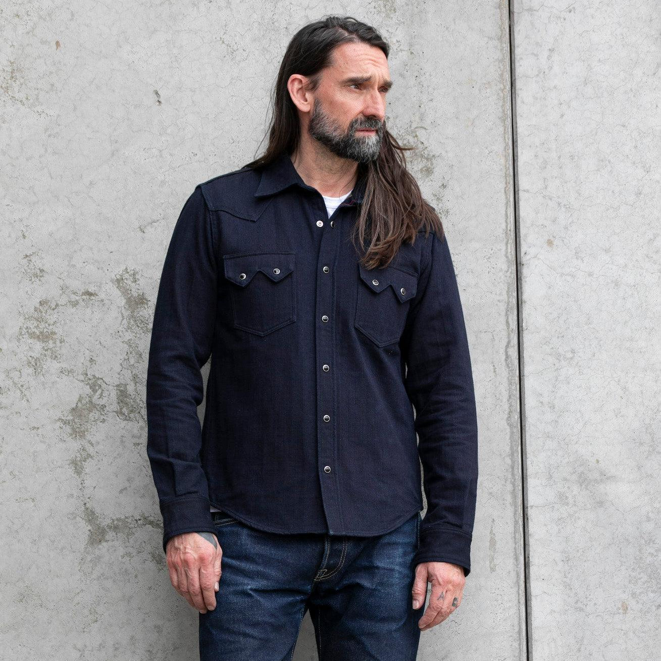 Image showing the IHSH-368-IND - 14oz Double Cloth Western Shirt - Indigo which is a Shirts described by the following info Iron Heart, Released, Shirts, Tops and sold on the IRON HEART GERMANY online store