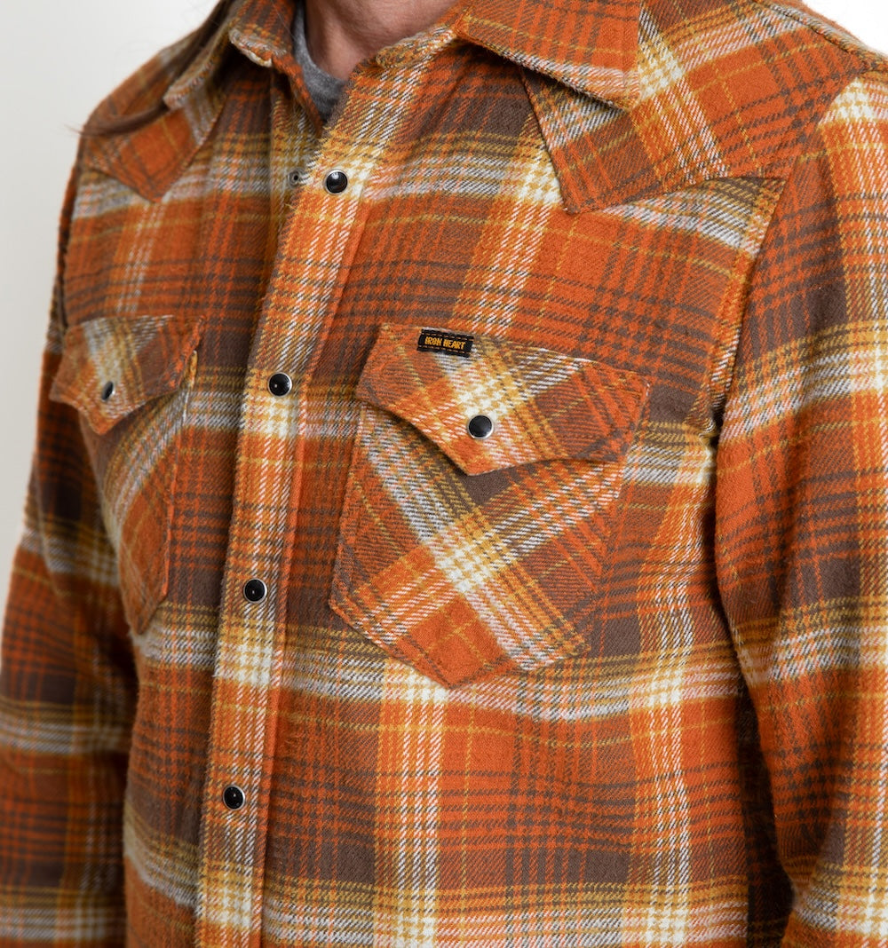 IHSH-399-ORA - 12oz Slubby Heavy Flannel Check Western Shirt - Orange