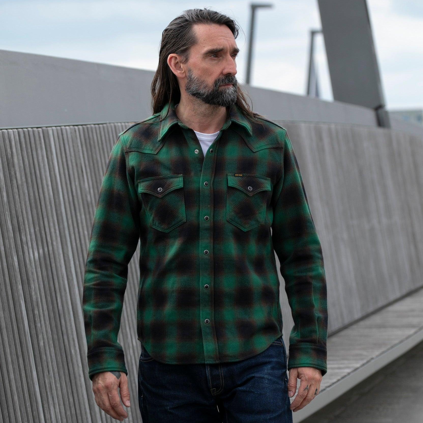 Image showing the IHSH-373-GRN - Ultra Heavy Flannel Ombre Check Western Shirt - Green which is a Shirts described by the following info Iron Heart, Released, Shirts, Tops and sold on the IRON HEART GERMANY online store