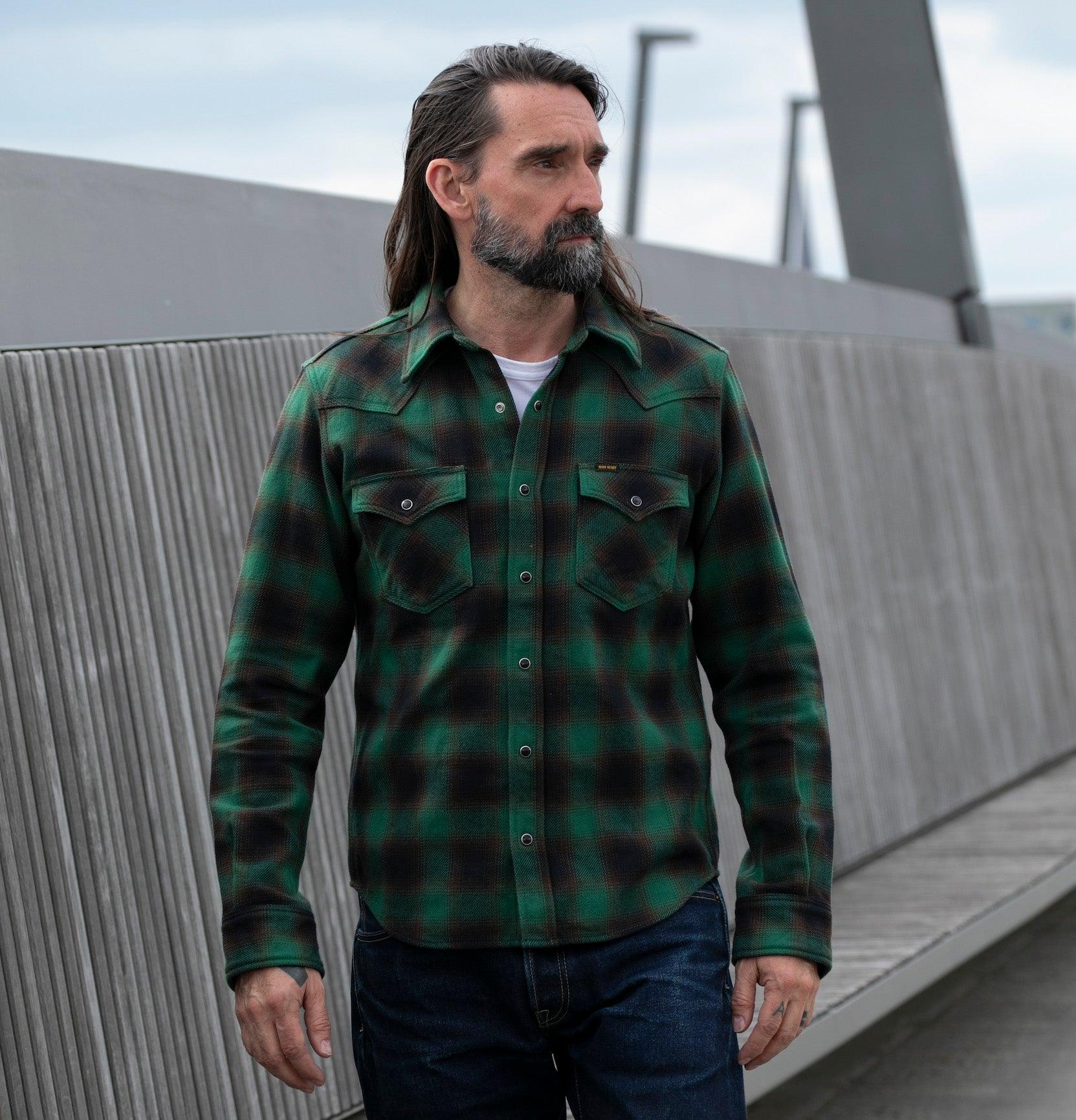 Image showing the IHSH-373-GRN - Ultra Heavy Flannel Ombre Check Western Shirt - Green which is a Shirts described by the following info Iron Heart, Released, Shirts, Tops and sold on the IRON HEART GERMANY online store