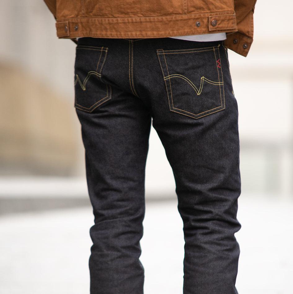 Image showing the IH-555SBR-14 - 14oz Broken Twill Selvedge Denim Super Slim Cut Jeans - Indigo which is a Jeans described by the following info 555, Bottoms, Iron Heart, Jeans, Released, Slim and sold on the IRON HEART GERMANY online store