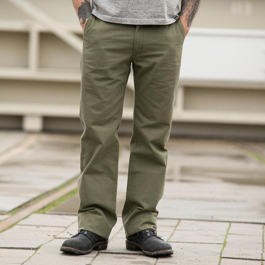 Image showing the IH-735-ODG - 11oz Herringbone Work Pants - Olive Drab Green which is a Trousers described by the following info Bottoms, Iron Heart, Released, Trousers and sold on the IRON HEART GERMANY online store