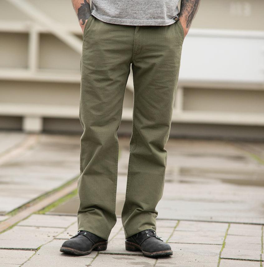 Image showing the IH-735-ODG - 11oz Herringbone Work Pants - Olive Drab Green which is a Trousers described by the following info Bottoms, Iron Heart, Released, Trousers and sold on the IRON HEART GERMANY online store