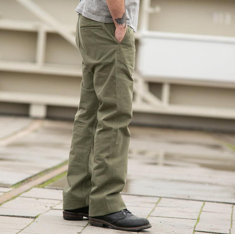 Image showing the IH-735-ODG - 11oz Herringbone Work Pants - Olive Drab Green which is a Trousers described by the following info Bottoms, Iron Heart, Released, Trousers and sold on the IRON HEART GERMANY online store