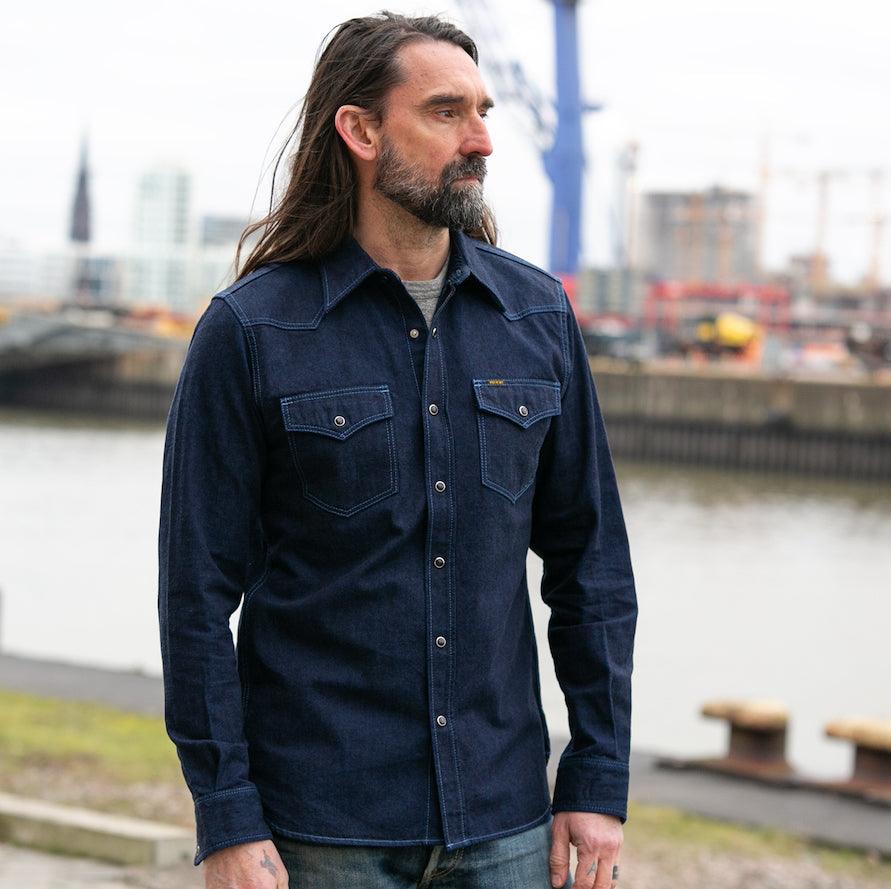 Image showing the IHSH-352-BLU - 10oz Selvedge Denim Western Shirt - Indigo Overdyed Blue which is a Shirts described by the following info Iron Heart, Released, Shirts, Tops and sold on the IRON HEART GERMANY online store