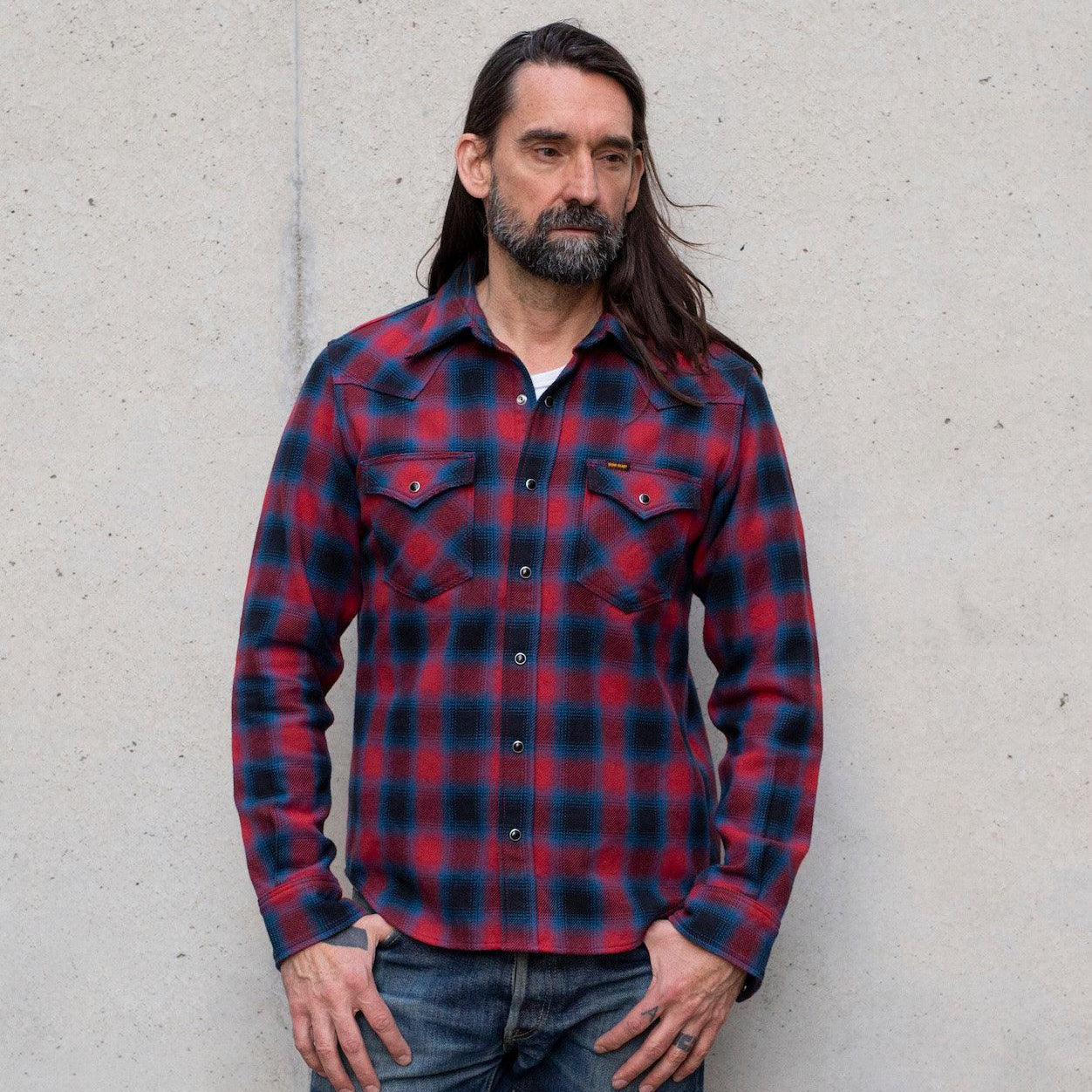 Image showing the IHSH-373-RED - Ultra Heavy Flannel Ombre Check Western Shirt - Red which is a Shirts described by the following info Iron Heart, New, Released, Shirts, Tops and sold on the IRON HEART GERMANY online store