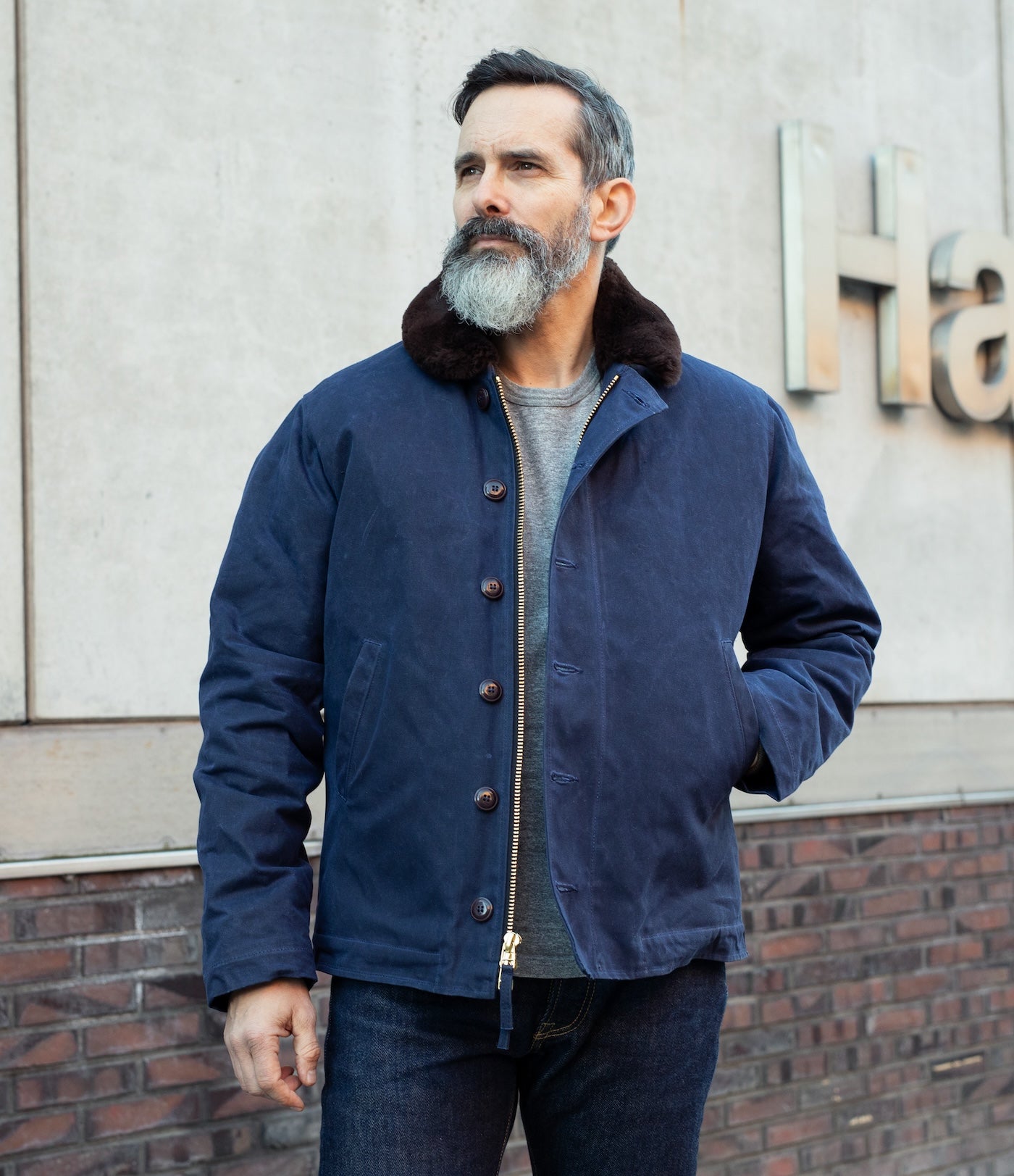 DE-N1-US-NAV - Dehen 1920 Waxed Canvas N-1 Deck Jacket - Navy
