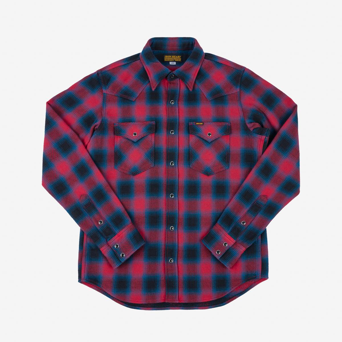 Image showing the IHSH-373-RED - Ultra Heavy Flannel Ombre Check Western Shirt - Red which is a Shirts described by the following info Iron Heart, New, Released, Shirts, Tops and sold on the IRON HEART GERMANY online store