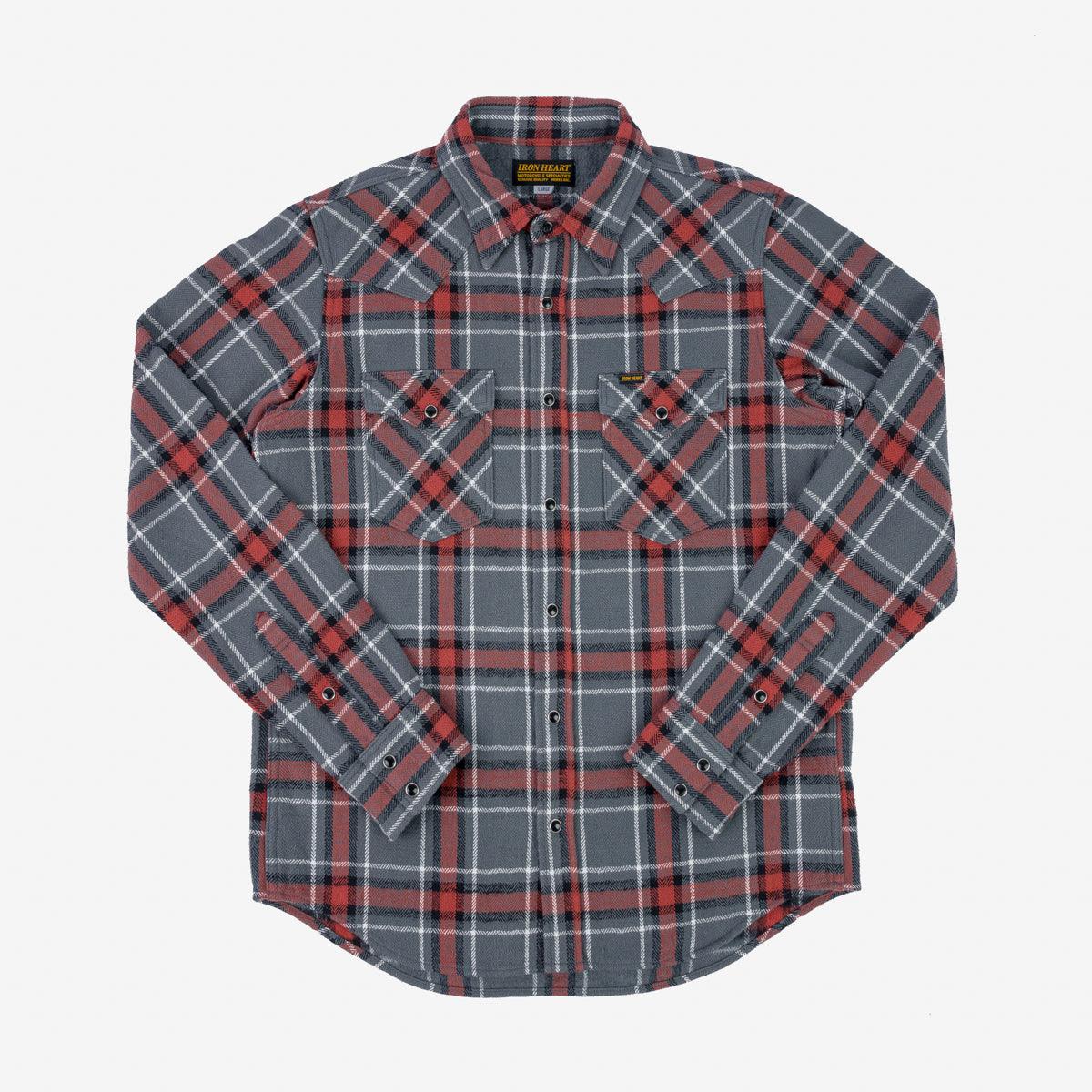 Image showing the IHSH-369-GRY - 12oz Slubby Heavy Flannel Herringbone Check Western Shirt - Grey which is a Shirts described by the following info Iron Heart, Released, Shirts, Tops and sold on the IRON HEART GERMANY online store